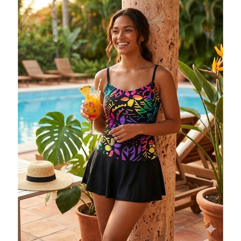 Vintage Festival Rave Swim Dress Neon One Piece Bathing Suit Bikini